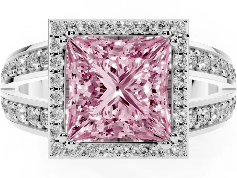 Princess Cut Halo Engagement Ring Setting for a Fancy Pink Lab-Grown Diamond | Two-Row Pave Split Shank | White Gold