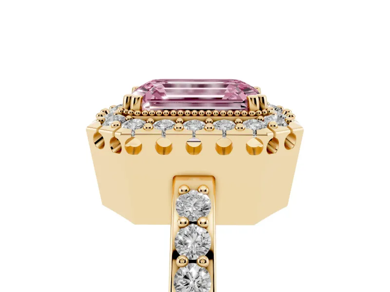 Emerald Cut Milgrain Halo Engagement Ring Setting for a Fancy Pink Lab-Grown Diamond | Pavé Shoulders | Yellow Gold