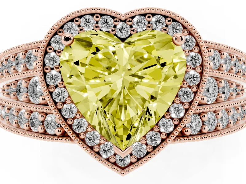 Fancy Yellow Heart Cut Diamond Halo Ring Set in Rose gold with Accent Split Shank and Prong Setting