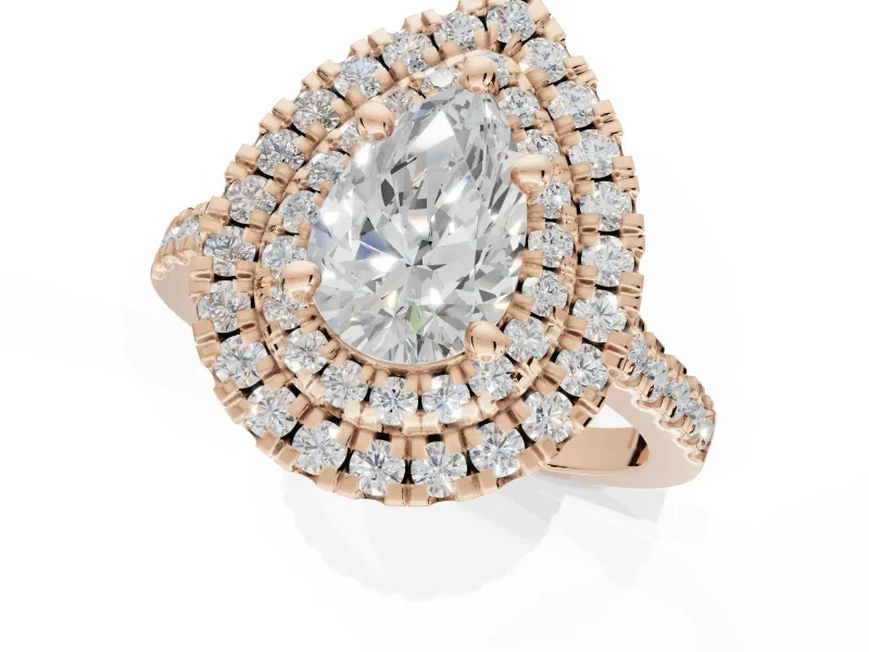 Pear-Shaped Double Halo Engagement Ring Setting | Pave Shoulders | Rose Gold