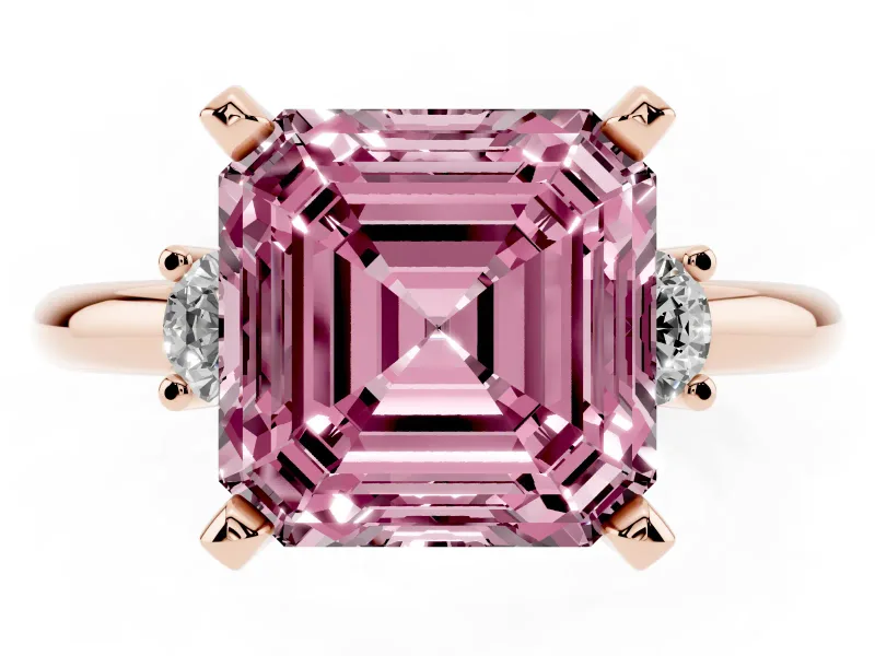 Fancy Pink Three-Stone Asscher Cut Diamond Ring Set in Rose gold with Prong Setting and Plain Band