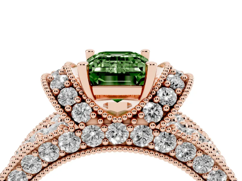 Emerald Cut Vintage Pave Engagement Ring Setting for a Fancy Green Lab-Grown Diamond | Milgrain Edges | Rose Gold