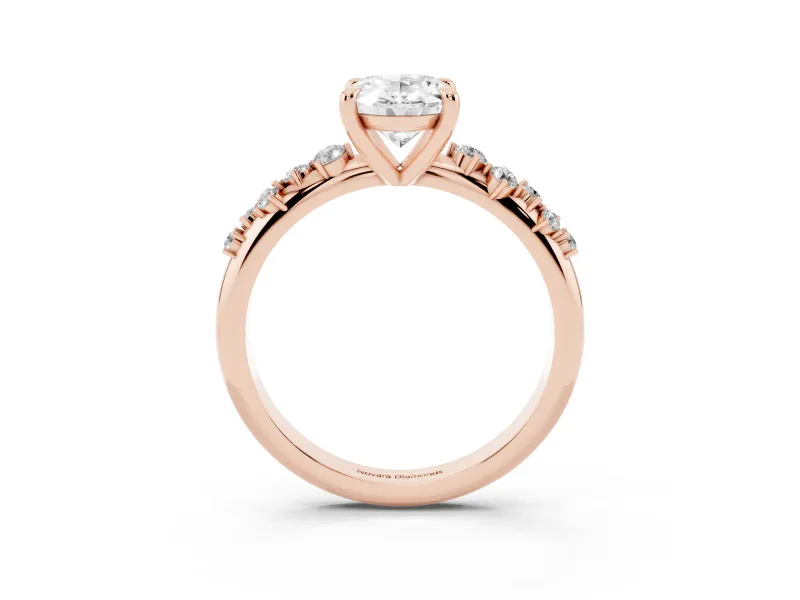 Oval Cut Diamond Solitaire Vine Band Ring Set in Rose gold with Round Accents and Prong Setting