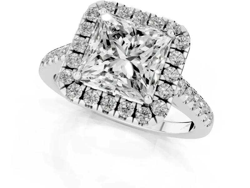 Princess Cut Raised Halo Engagement Ring Setting | Pave Band | White Gold