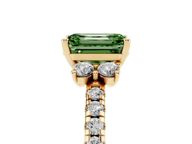Emerald Cut Side Stone Engagement Ring Setting for a Fancy Green Lab-Grown Diamond | Pave Band | Yellow Gold