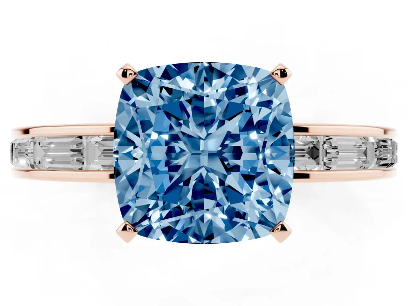 Fancy Blue Cushion Cut Diamond Solitaire Ring Set in Rose gold with Channel-Set Baguette Band and Prong Setting