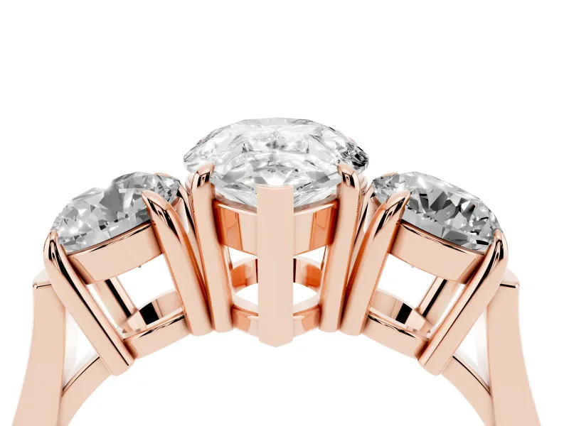 Pear-Shaped Three Stone Engagement Ring Setting | Round Side Stones and Open Baskets | Rose Gold