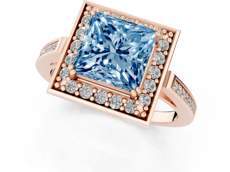 Princess Cut Halo Engagement Ring Setting for a Fancy Blue Lab-Grown Diamond | Polished Halo Rim | Rose Gold