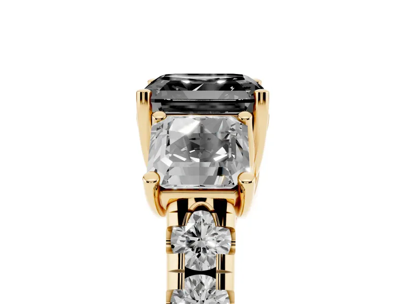 Asscher Cut Three Stone Engagement Ring Setting for a Black Center | Accented Shoulders | Yellow Gold