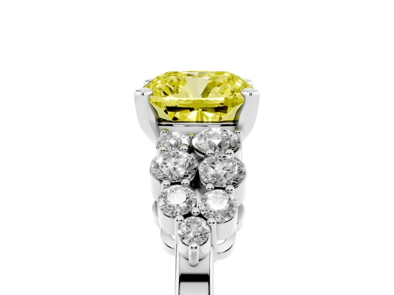 Fancy Yellow Cushion Cut Diamond Cluster Engagement Ring Set in Silver with Pavé Band and Prong Setting