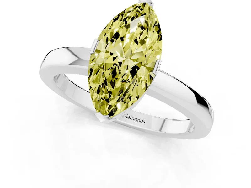 Fancy Yellow Marquise Cut Diamond Solitaire Ring Set in White gold with Prong Head and Smooth Polished Band