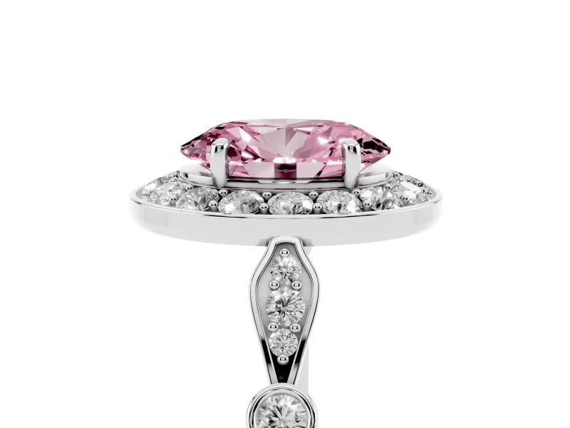 Oval Vintage Halo Engagement Ring Setting for a Fancy Pink Lab-Grown Diamond | Bezel Station Shoulders | Sterling Silver