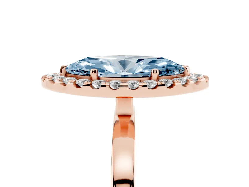 Fancy Blue Marquise Cut Diamond Halo Solitaire Ring Set in Rose gold with Pavé Band and Prong Setting