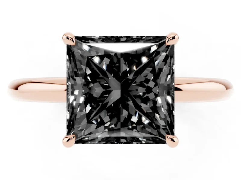 Fancy Black Princess Cut Diamond Solitaire Ring Set in Rose gold with Thin Band and Prong Setting
