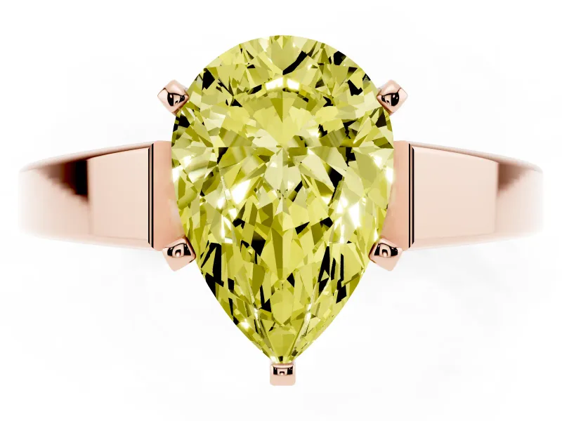 Fancy Yellow Pear Cut Diamond Solitaire Engagement Ring Set in Rose gold with Prong Setting and Tapered Band