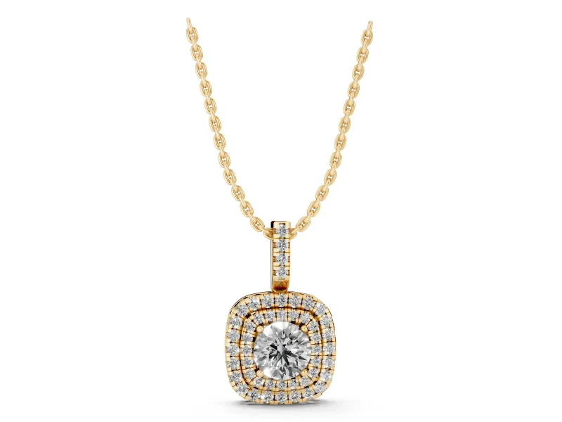 Round Lab-Grown Diamond Cushion Double Halo Pendant Necklace | Pavé Bail | Yellow Gold