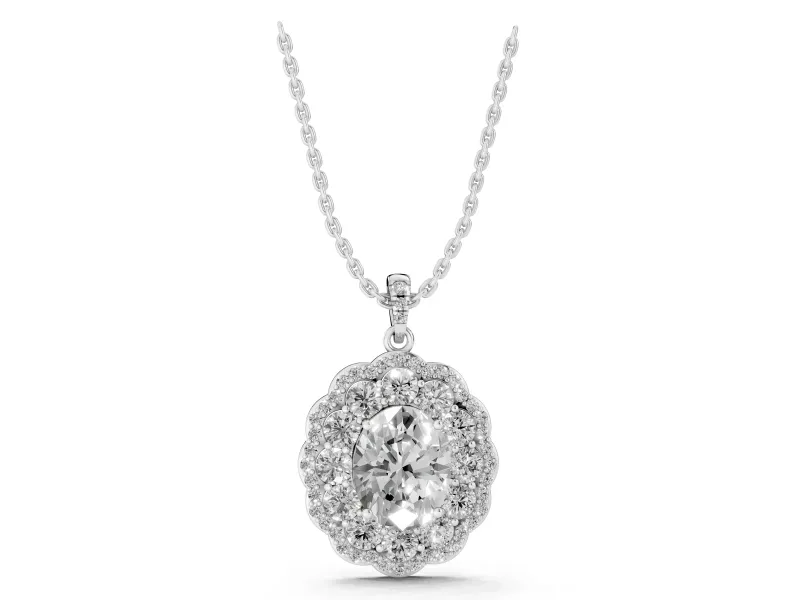 Oval Lab-Grown Diamond Floral Double Halo Pendant Necklace | Pavé Bail | Sterling Silver