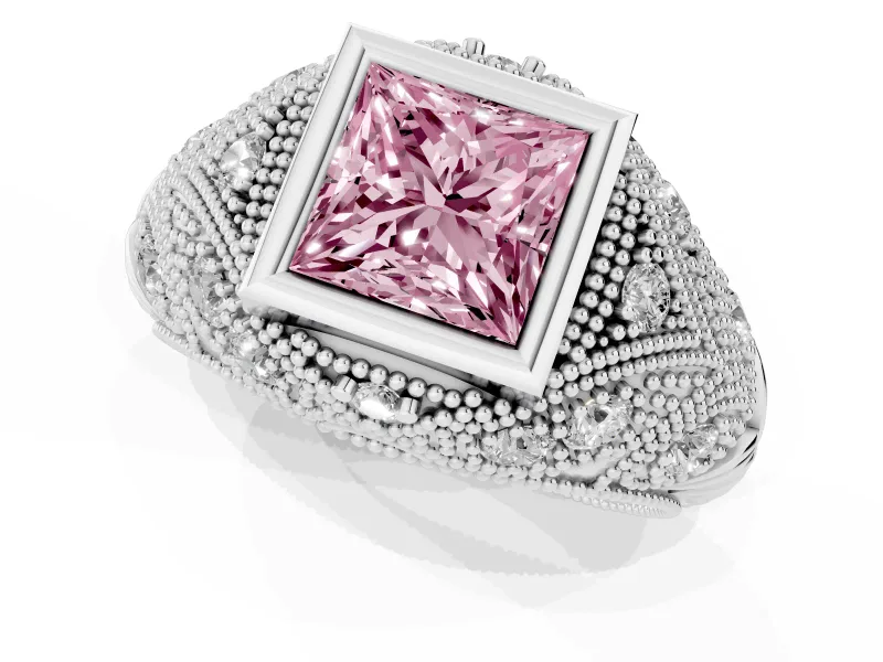 Fancy Pink Princess Cut Diamond Bezel Ring Set in White gold with Milgrain Accent Band