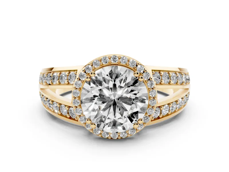 Round Cut Diamond Halo Ring Set in Yellow gold with Double Pavé Split Shank