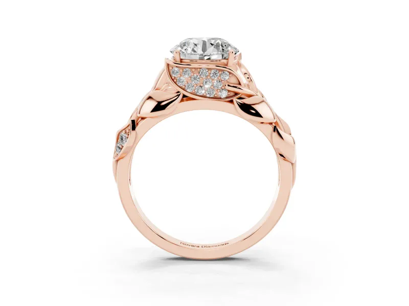 Round Cut Diamond Leaf-Inspired Engagement Ring Set in Rose gold with Round Accents