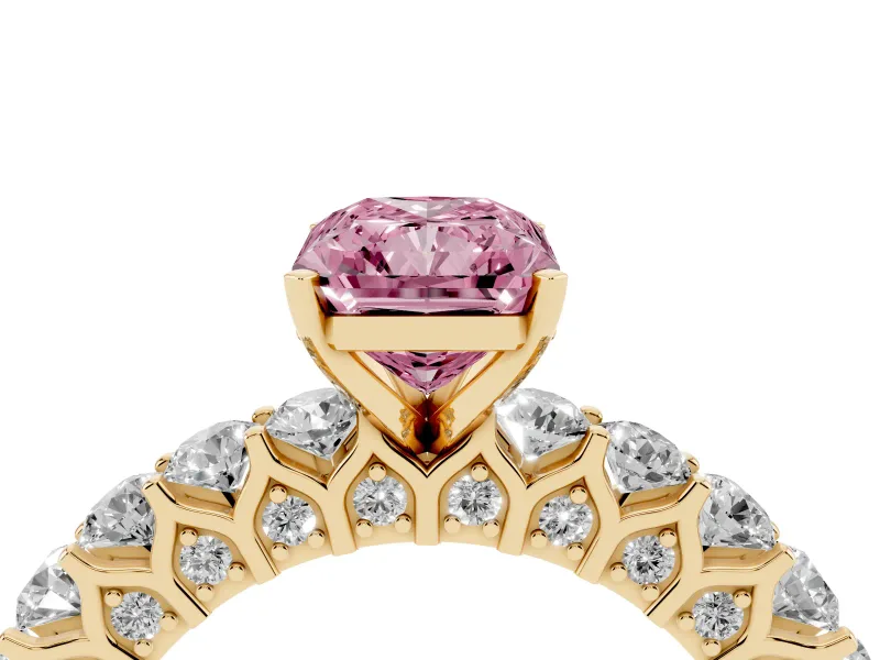 Radiant Cut Shared Prong Engagement Ring Setting for a Fancy Pink Lab-Grown Diamond | Yellow Gold