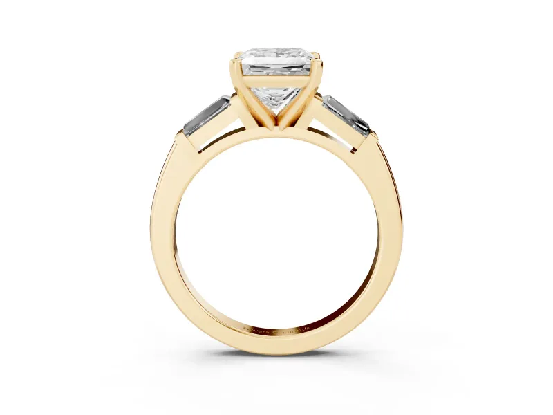 Princess Cut Diamond Solitaire Ring Set in Yellow gold with Tapered Baguette Side Stones and Prong Setting