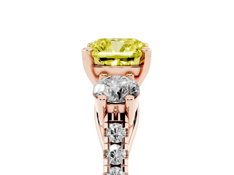 Cushion Cut Three-Stone Engagement Ring Setting for a Fancy Yellow Lab-Grown Diamond | Rose Gold