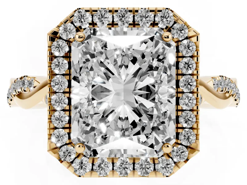 Radiant Cut Halo Engagement Ring Setting | Pavé Twist Band | Yellow Gold