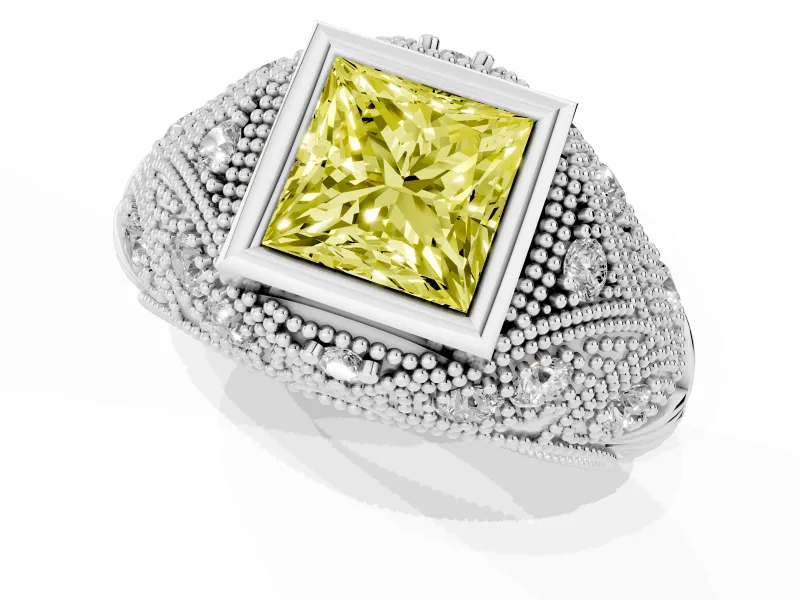 Fancy Yellow Princess Cut Diamond Bezel Ring Set in White gold with Milgrain Accent Band