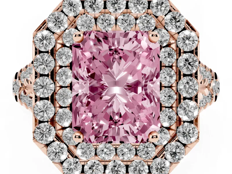 Radiant Cut Halo Split Shank Engagement Ring Setting for a Fancy Pink Lab-Grown Diamond | Pavé Strands | Rose Gold