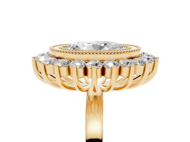Oval Cut Diamond Halo Ring Set in Yellow gold with Milgrain Edge and Round Prong Setting