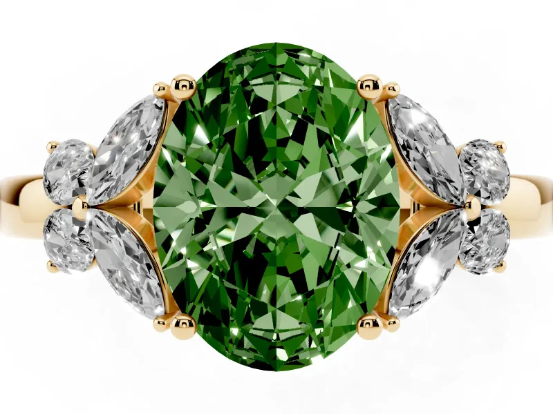 Fancy Green Oval Cut Diamond Solitaire Floral Ring Set in Yellow gold with Marquise Petals and Prong Setting