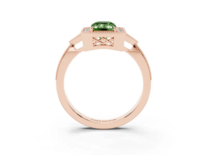 Emerald Cut Milgrain Halo Engagement Ring Setting for a Fancy Green Lab-Grown Diamond | Graduated Pavé | Rose Gold