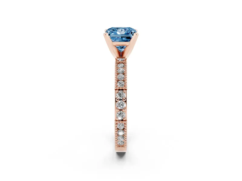 Fancy Blue Princess Cut Diamond Solitaire Ring Set in Rose gold with Slim Pavé Band and Prong Setting