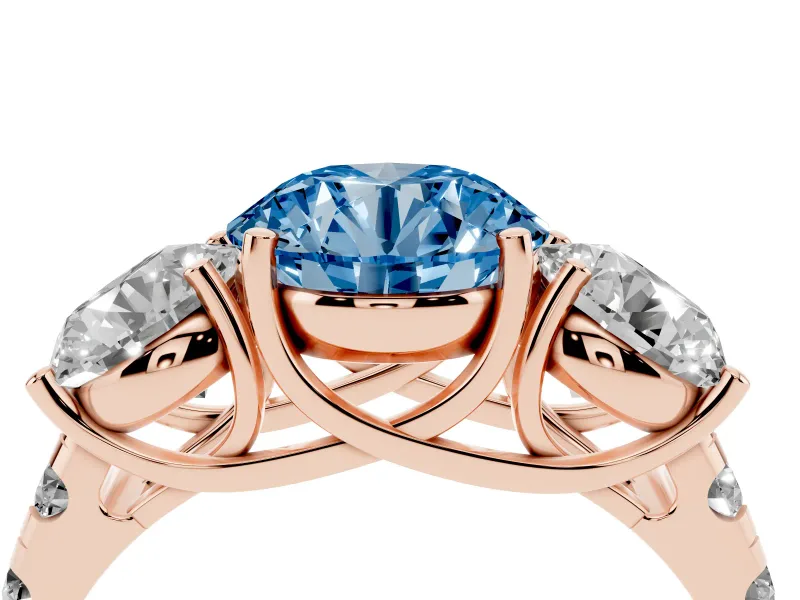 Round Three Stone Engagement Ring Setting for a Fancy Blue Lab-Grown Diamond | Accented Shoulders | Rose Gold