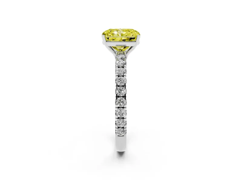 Radiant Cut Pave Solitaire Engagement Ring Setting for a Fancy Yellow Lab-Grown Diamond | Shared Prong Band | White Gold