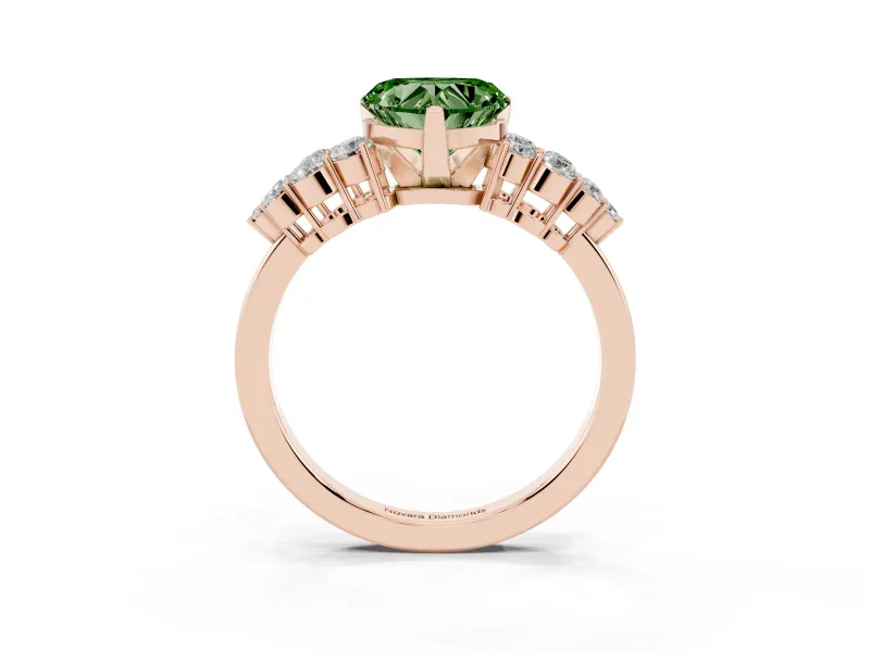 Heart-Shaped Side Stone Engagement Ring Setting for a Fancy Green Lab-Grown Diamond | Shoulder Clusters | Rose Gold