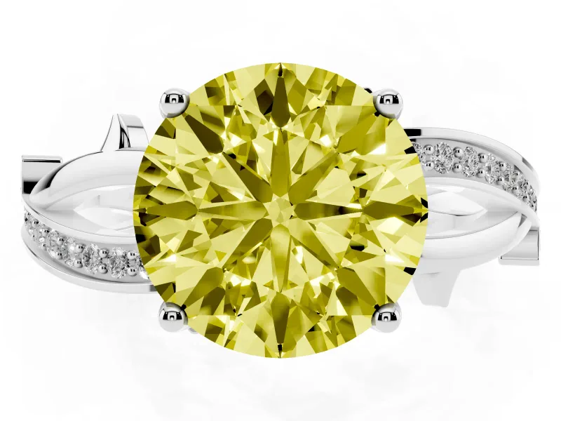 Fancy Yellow Round Cut Diamond Pavé Twist Band Solitaire Ring Set in Silver with Prong Setting