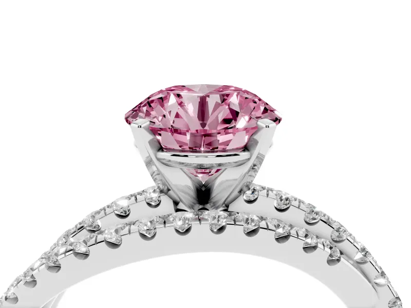 Fancy Pink Round Cut Diamond Solitaire Twist Band Ring Set in Silver with Pavé Setting and Prong Head