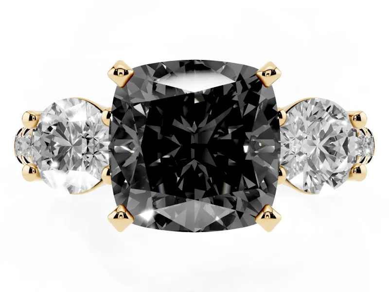 Fancy Black Three-Stone Cushion Cut Diamond Pavé Band Ring Set in Yellow gold with Prong-Set Trio