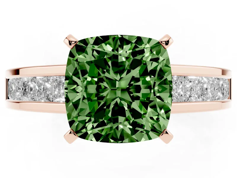 Fancy Green Cushion Cut Diamond Solitaire Ring Set in Rose gold with Channel-Set Band and Prong Setting