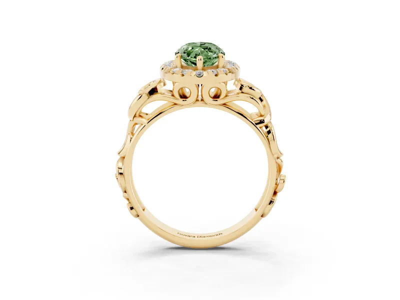 Marquise Filigree Halo Engagement Ring Setting for a Fancy Green Lab-Grown Diamond | Yellow Gold