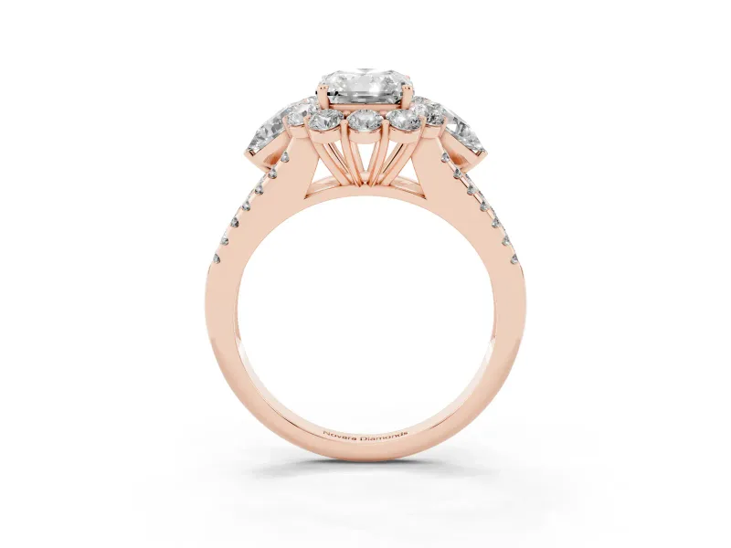 Radiant Cut Scalloped Halo Engagement Ring Setting | Pear Side Stones | Rose Gold