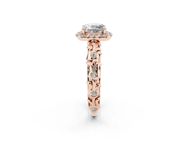 Cushion Cut Filigree Leaf Halo Engagement Ring Setting | Bezel Leaf Accents | Rose Gold