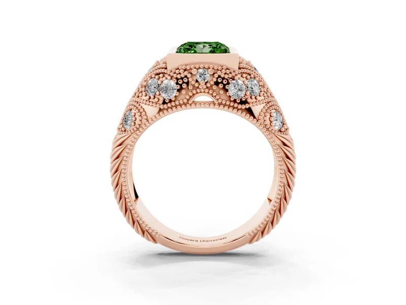 Fancy Green Princess Cut Diamond Bezel Ring Set in Rose gold with Milgrain Accent Band