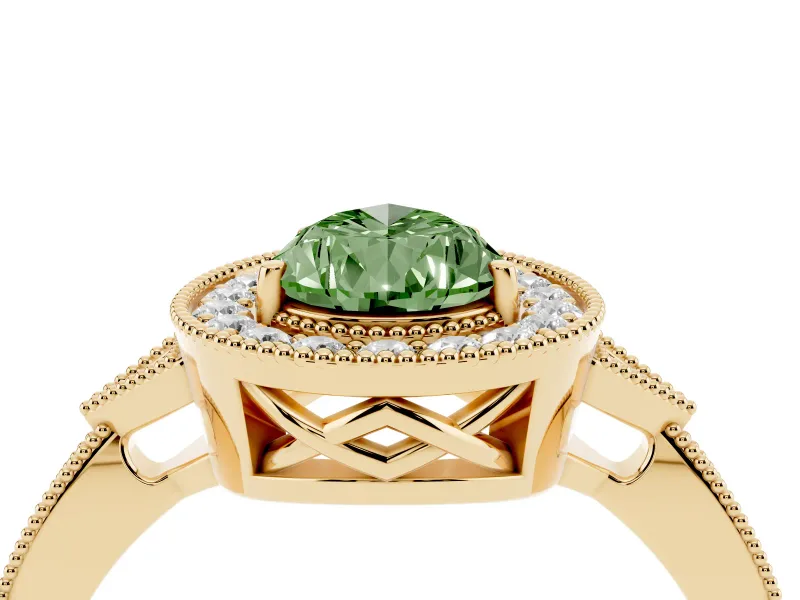 Fancy Green Pear Cut Diamond Halo Engagement Ring Set in Yellow gold with Milgrain Pavé Band