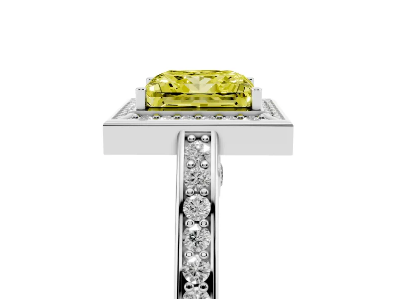 Fancy Yellow Princess Cut Diamond Halo Pavé Split Shank Ring Set in Silver with Prong Setting