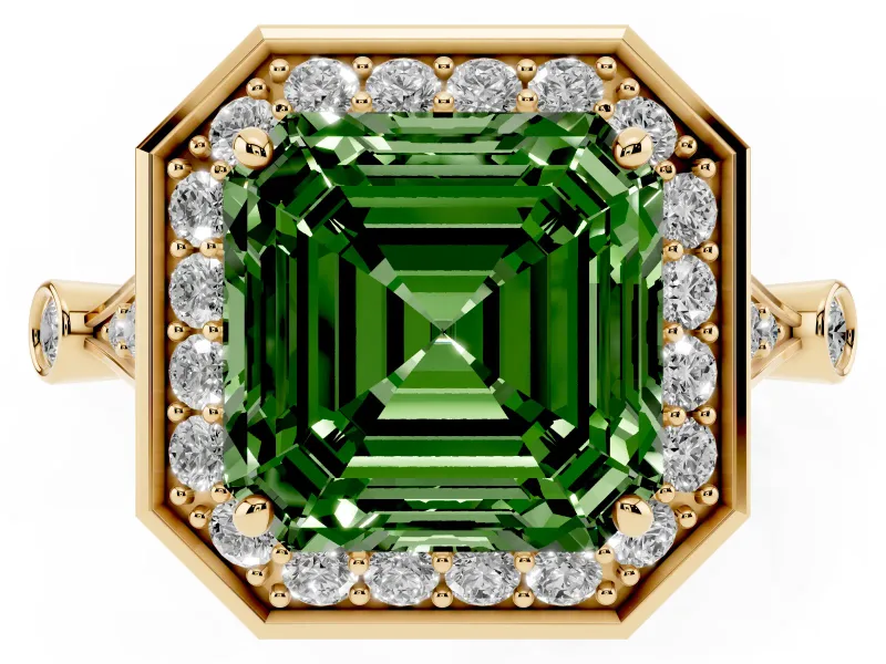 Asscher Cut Halo Engagement Ring Setting for a Fancy Green Lab-Grown Diamond | Bezel Station Shoulders | Yellow Gold