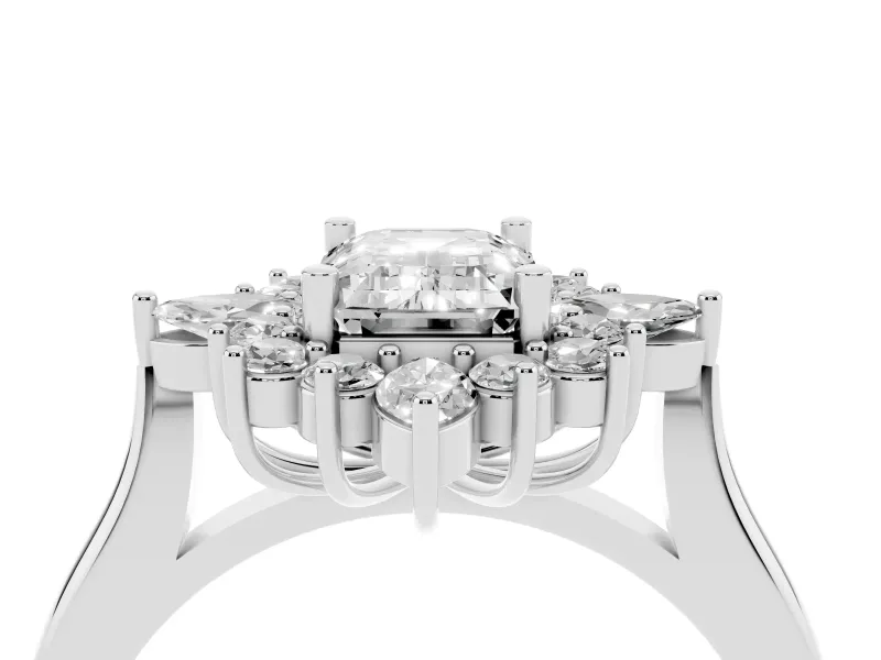 Emerald Cut Cluster Halo Engagement Ring Setting | White Gold