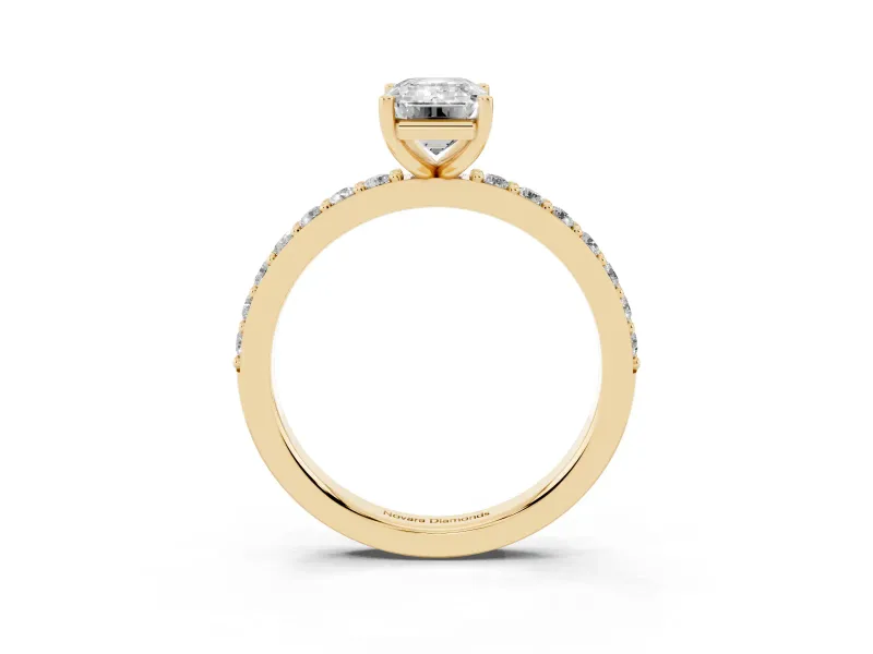 Emerald Cut Diamond Solitaire Set in Yellow gold with Round Pavé Band and Prong Setting